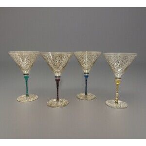 Pier 1 Rioja Gold Scrolls Martini Glass Hand Painted Romania Barware Set Of 4
